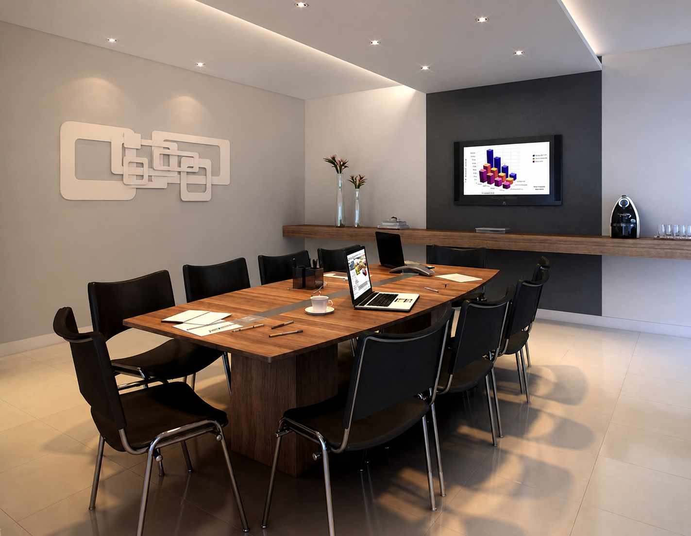 Sala de reunião executiva com mesa em madeira e cadeiras pretas