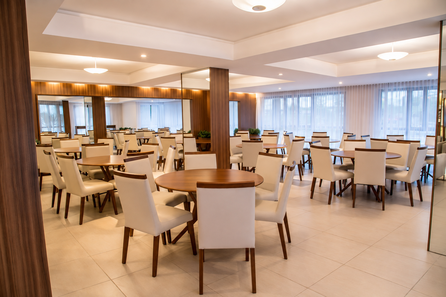 Salão de eventos amplo com mesas, cadeiras e iluminação acolhedora