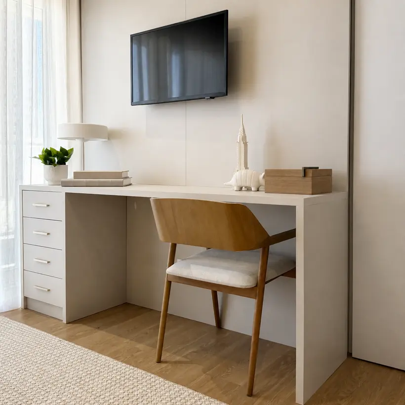 Home office compacto com escrivaninha planejada e cadeira em madeira